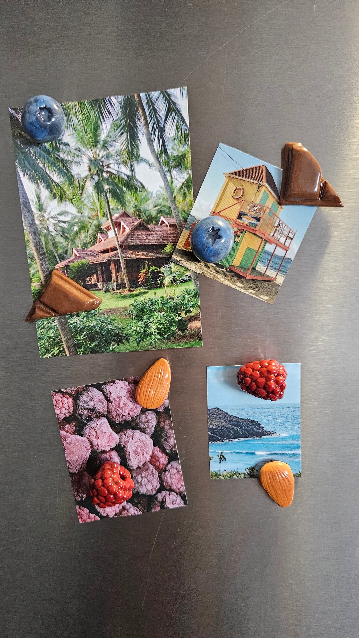 Set de 4 magnets - chocolat, myrtille, framboise & amande