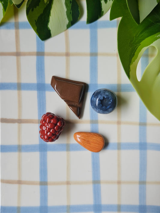 Set de 4 magnets - chocolat, myrtille, framboise & amande